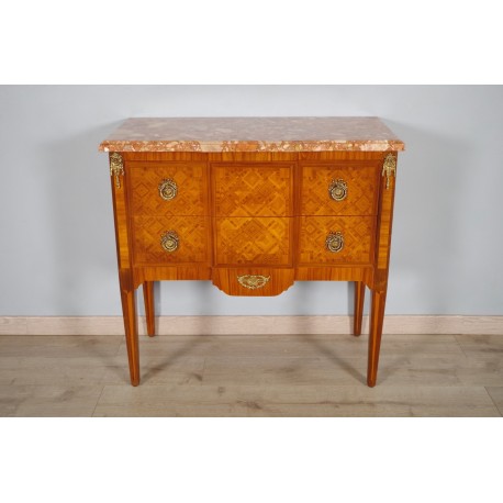 Louis XVI style chest of drawers in gilded bronze marquetry