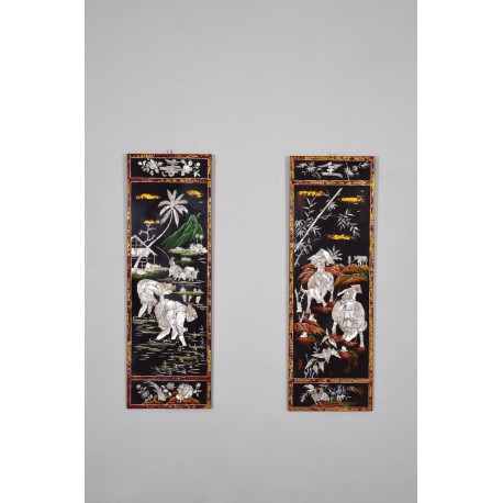 Pair of Far East lacquer and mother-of-pearl panels