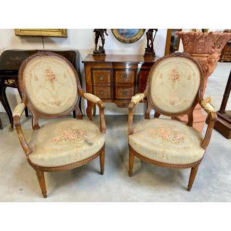 Pair of Louis XVI style tapestry armchairs