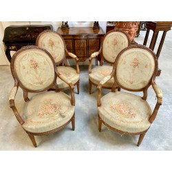 Four Louis XVI style armchairs Aubusson style tapestry