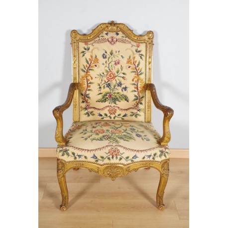 Regence-style gilded armchair petit point tapestry